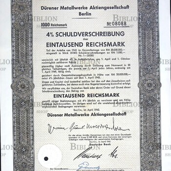 Акция Металлургические заводы 100 рейхсмарок (Германия,1943 г) - Biblion.shop 